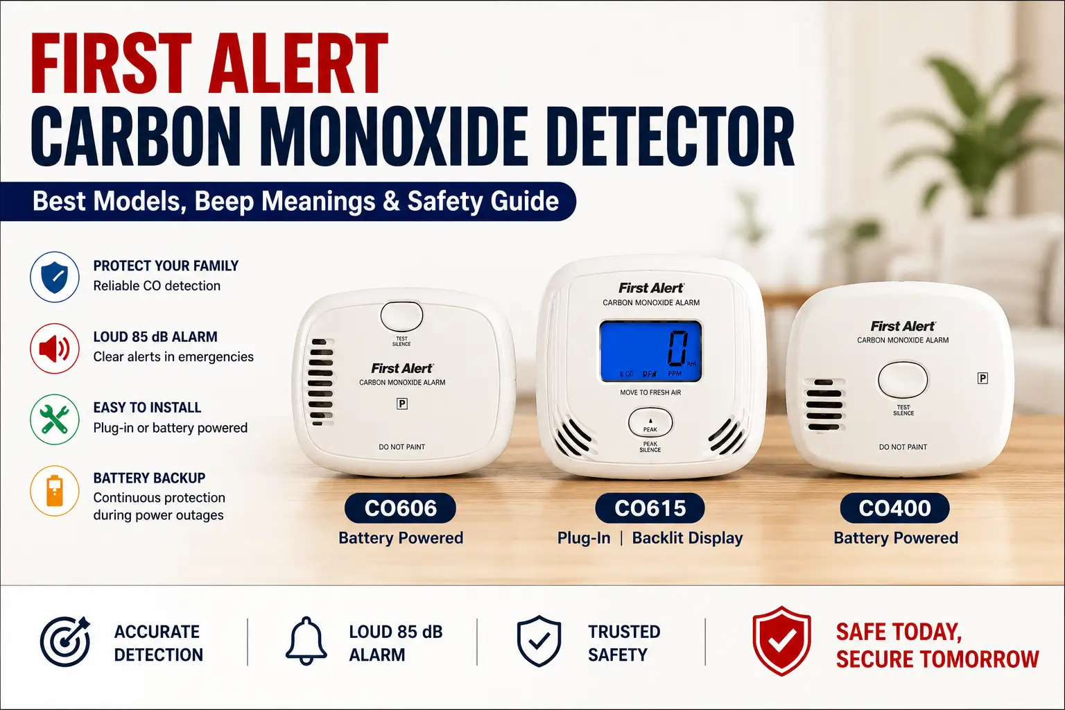First Alert carbon monoxide detector models CO606, CO615, and CO400 displayed in a modern home safety setup