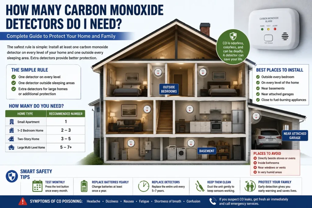 How many carbon monoxide detectors do I need infographic showing proper CO detector placement in a multi-level home