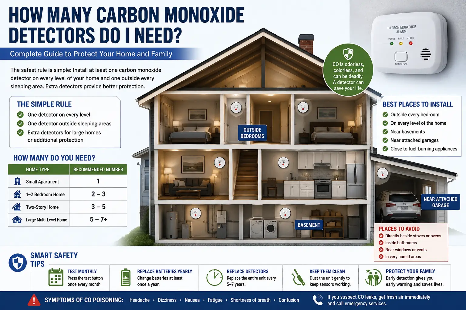 How many carbon monoxide detectors do I need infographic showing proper CO detector placement in a multi-level home