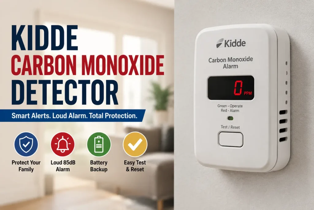 Kidde carbon monoxide detector protecting modern family home from dangerous gas leaks