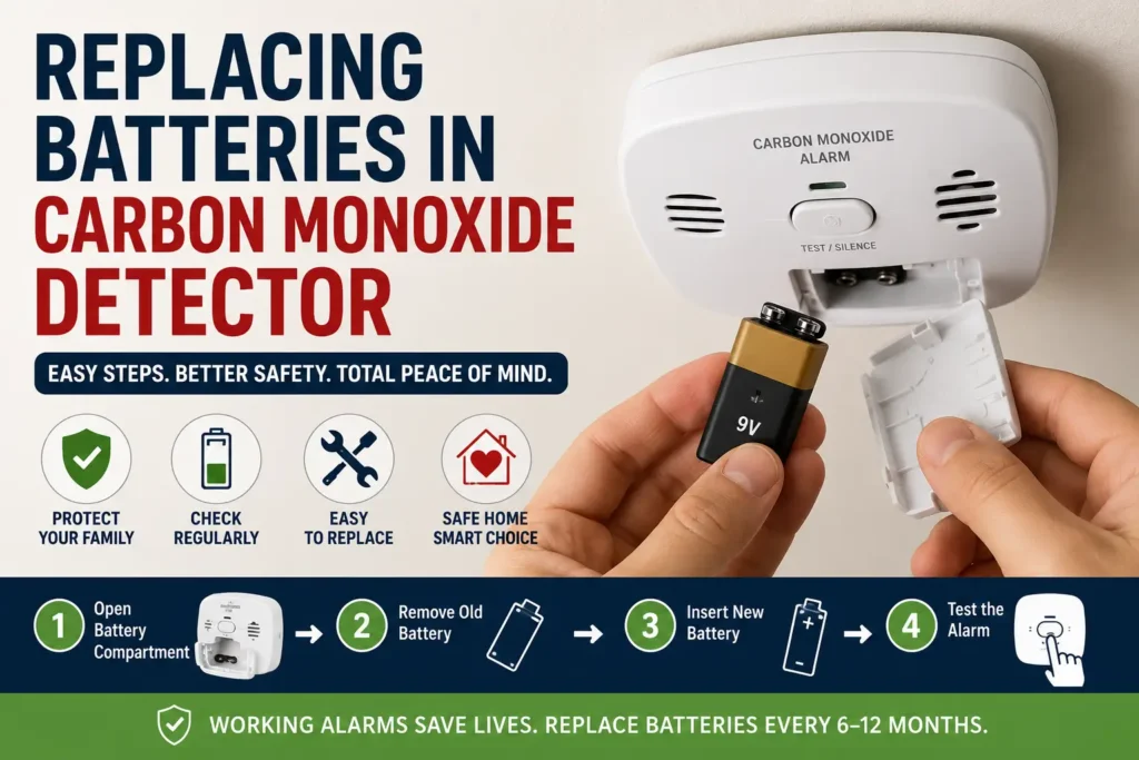 Replacing batteries in carbon monoxide detector with step-by-step home safety guide