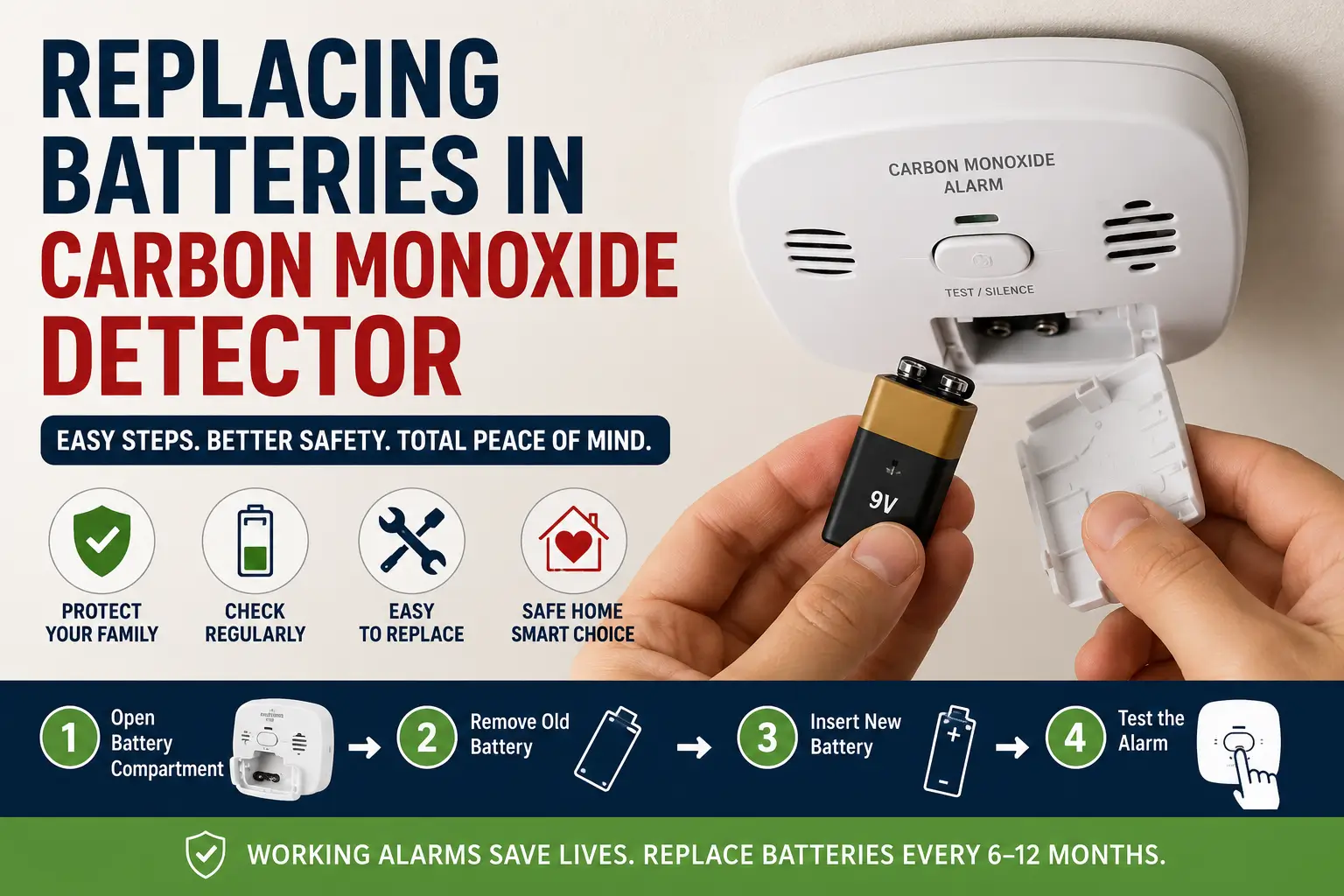 Replacing batteries in carbon monoxide detector with step-by-step home safety guide