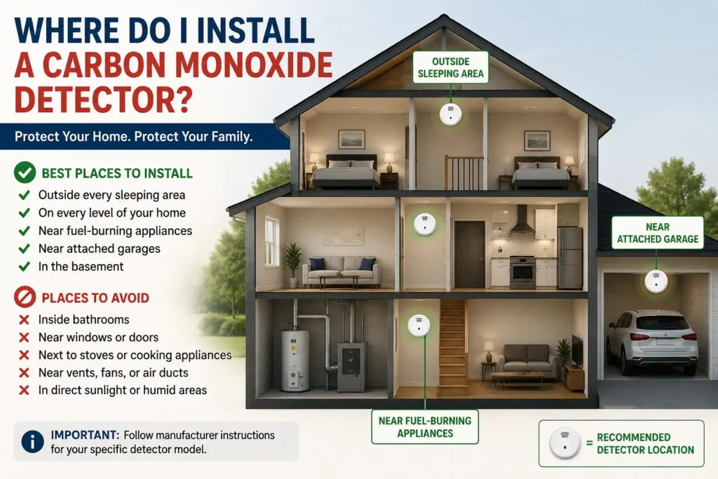 Where do I install a carbon monoxide detector infographic showing the best and worst detector placement locations inside a modern two-story home.