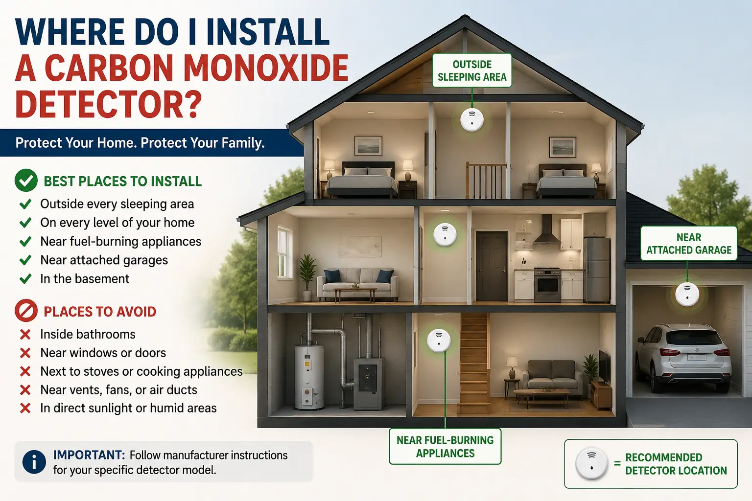 Where do I install a carbon monoxide detector infographic showing the best and worst detector placement locations inside a modern two-story home.