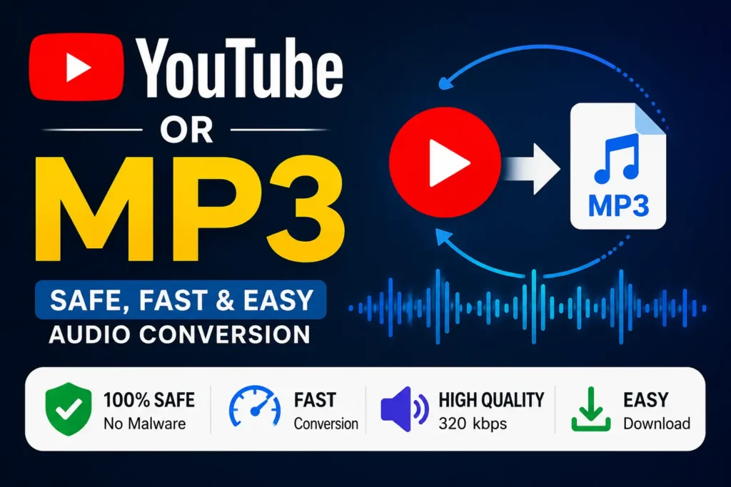Safe YouTube or MP3 converter interface on laptop with audio waveform