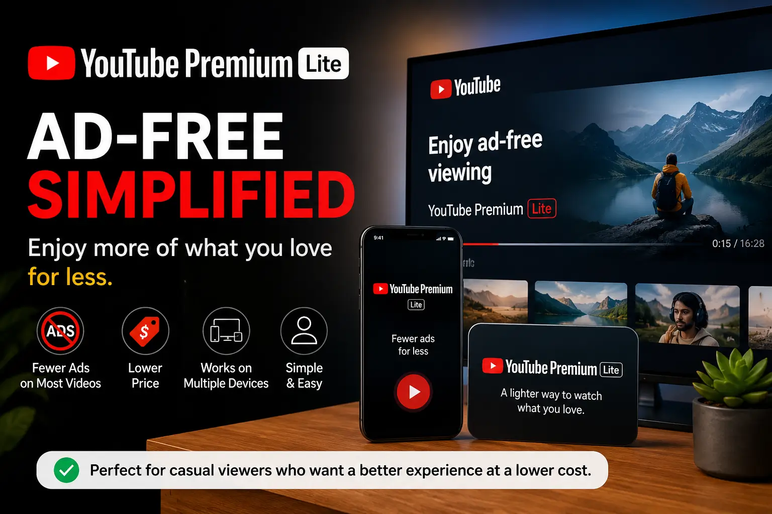 YouTube Premium Lite ad-free streaming on smartphone and smart TV